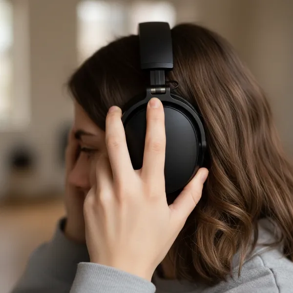 Person adjusting over-ear active noise-canceling headphones for optimal fit and comfort.