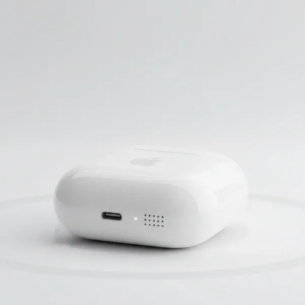 Apple AirPods 4 charging case, compact with USB-C port, showing MagSafe and integrated speaker for Find My.