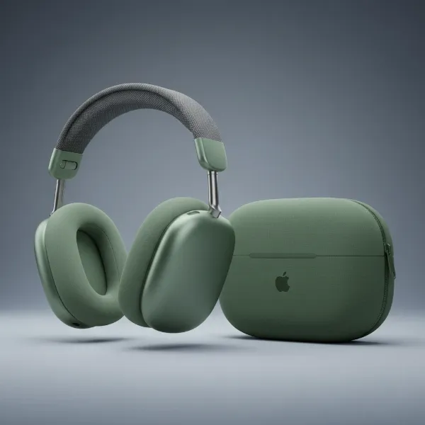 Concept image of AirPods Max 2, showing a lighter design, redesigned headband, and improved smart case.