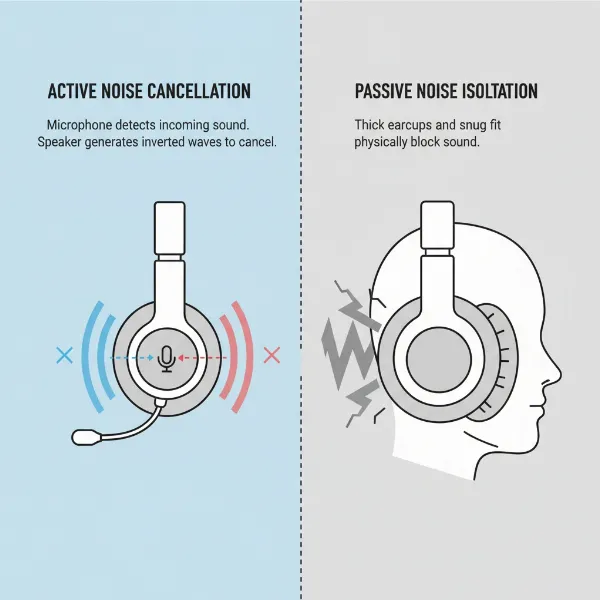 Illustration comparing active noise cancellation and passive noise isolation methods in headphones