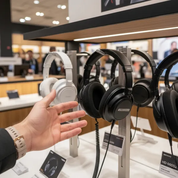 A person making a choice between various headphones, with the Audio-Technica ATH-M50x prominently displayed as an option. Decision-making scenario.