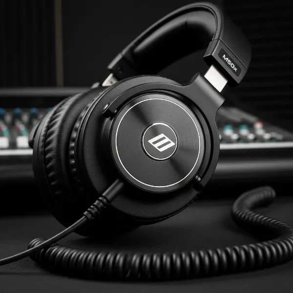 A close-up of the Audio-Technica ATH-M50x's earcup and headband articulation, showing its robust construction and foldable design. Textural details.