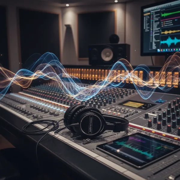 A pair of Audio-Technica ATH-M50x headphones laying on a mixing desk in a professional studio, with sound waves subtly emanating from the earcups.