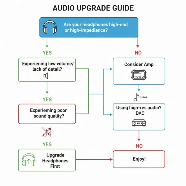 A decision flowchart for upgrading audio equipment based on headphone type and sound issues.