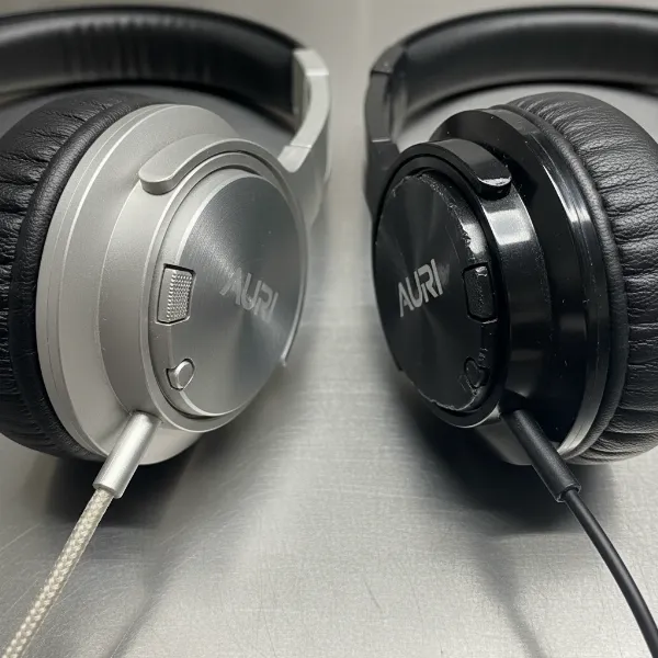 Close-up comparison of authentic vs fake headphone details, showing material quality, logo, and button finish
