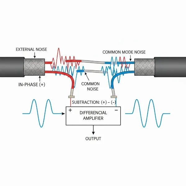 Balanced headphone cable illustrating common-mode noise rejection in an audio signal path.