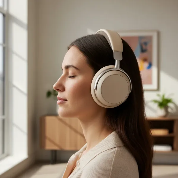 Bang & Olufsen Beoplay H95 demonstrating its comfortable fit on a head, highlighting the plush earcups and ergonomic headband.