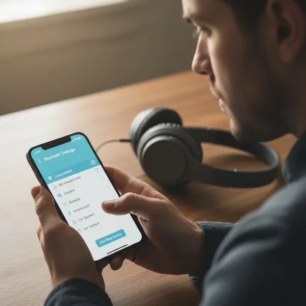 A person troubleshooting Bluetooth headphones, possibly checking settings on a smartphone, with a focus on connection issues.
