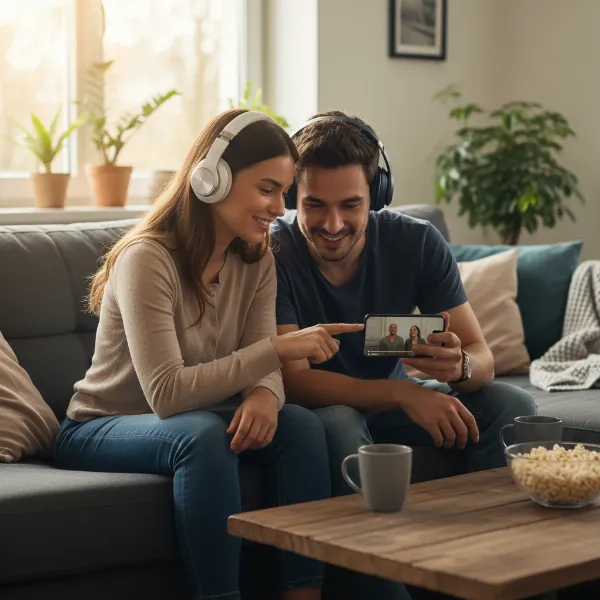 Two people listening to audio from a single smartphone using two pairs of Bluetooth headphones, illustrating wireless audio sharing.