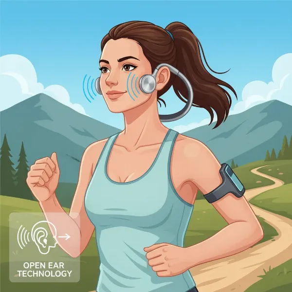 A person wearing bone conduction headphones, showing transducers resting on cheekbones.