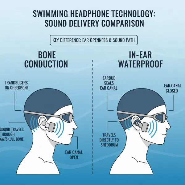 Side-by-side comparison of bone conduction and in-ear waterproof headphones for swimming.
