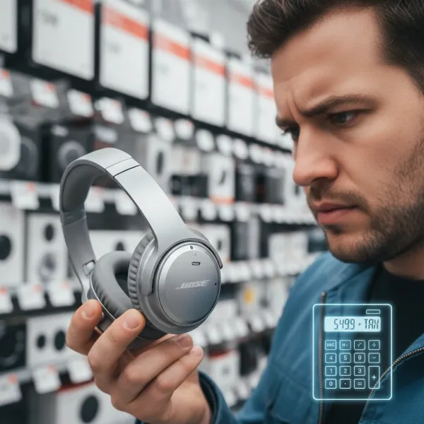 A person evaluating Bose QuietComfort Ultra headphones with price tags and budget considerations