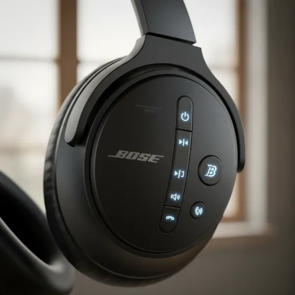 Close-up of Bose QuietComfort Ultra earcup showing integrated controls and connectivity indicators