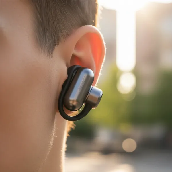 bose ultra open earbuds unique clip-on design, resembling a modern audio earring on an ear