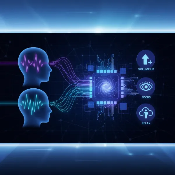 Diagram illustrating EEG sensors capturing brainwave signals and AI algorithms interpreting them for BCI.