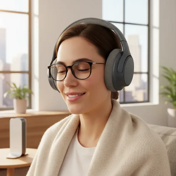 A person wearing over-ear headphones and glasses, looking comfortable and relaxed, with a focus on the earcup material gently molding around the glasses frames in a modern, clean style.