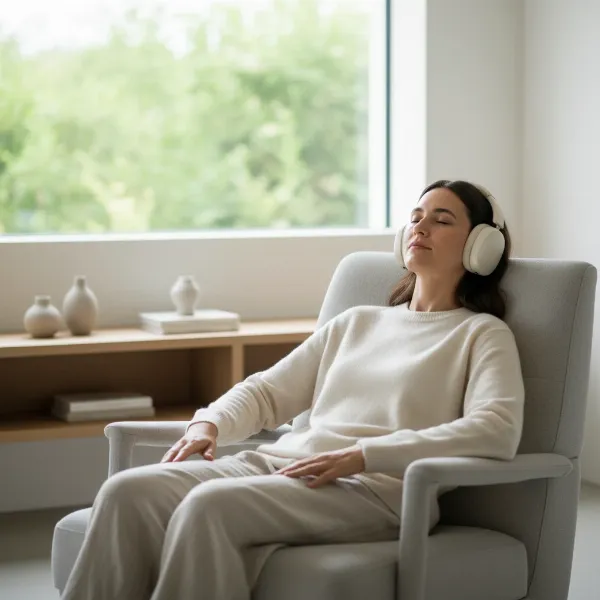 A person comfortably wearing over-ear noise-cancelling headphones in a peaceful, quiet setting, emphasizing comfort for extended silent use.