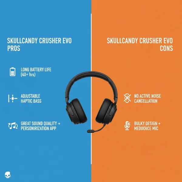 A split image or infographic-style representation summarizing the pros and cons of Skullcandy Crusher Evo headphones, using simple icons for features like battery, bass, and ANC.