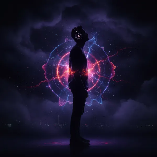 A silhouette of a person enthusiastically listening to music with Skullcandy Crusher Evo headphones, with vibrant, pulsating bass-like effects surrounding them, suggesting an immersive experience for bass lovers.