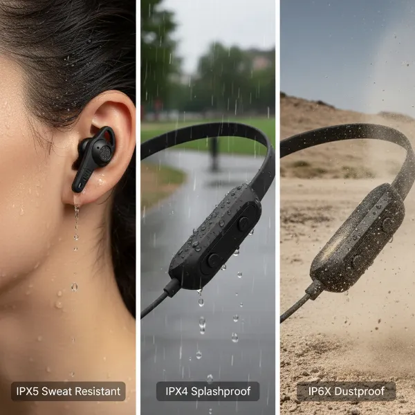 Neckband headphones being used in various conditions, demonstrating water and dust resistance features through IP ratings.
