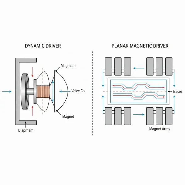 A visual comparison illustrating the internal mechanisms of dynamic and planar magnetic headphone drivers, highlighting their differences in diaphragm and magnet placement.