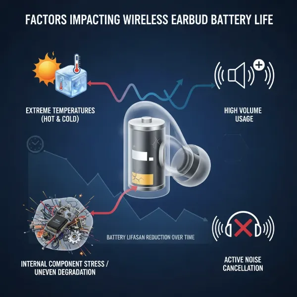 Graphic illustrating various factors influencing wireless earbud battery degradation and reduced lifespan.
