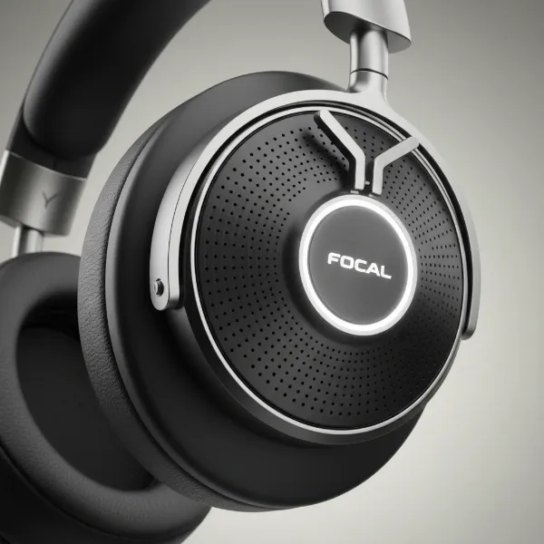 Focal Bathys luxury wireless headphones showcasing elegant design, aluminum details, and illuminated logo.