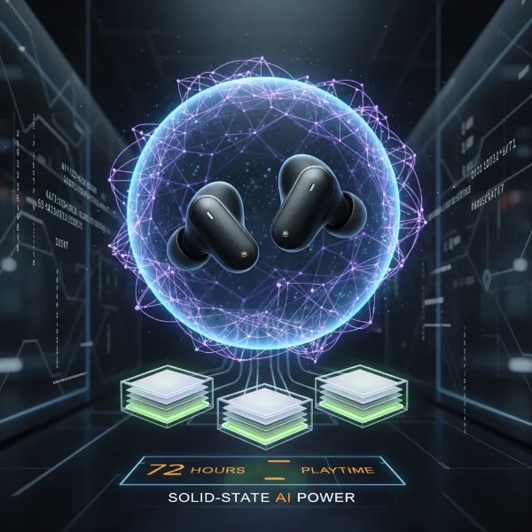 Conceptual image showing future wireless earbud battery technology with AI optimization and solid-state advancements.