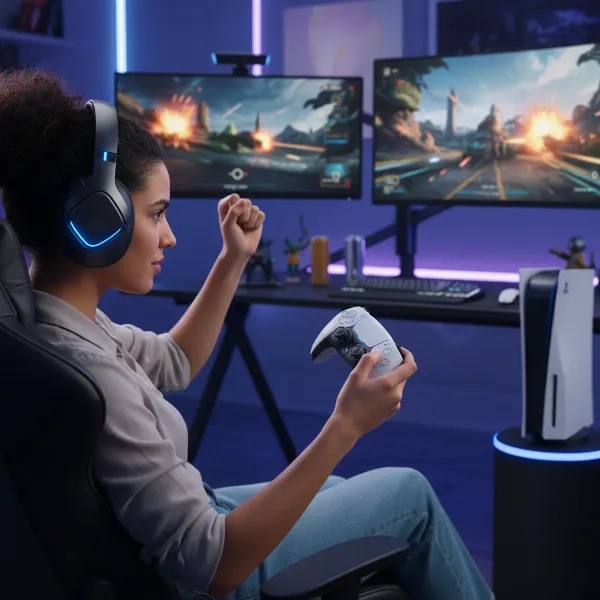 Gamer immersed in a game, wearing a wireless headset, highlighting freedom of movement.