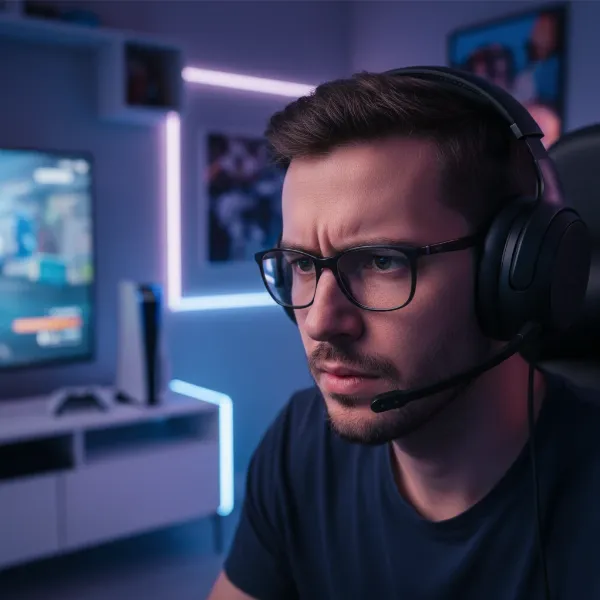 A focused gamer wearing comfortable wireless headphones, playing on a PlayStation 5, showing immersion.