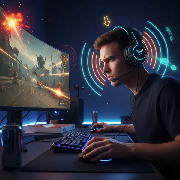 Gamer wearing headset, immersed in 3D spatial audio experience, competitive play