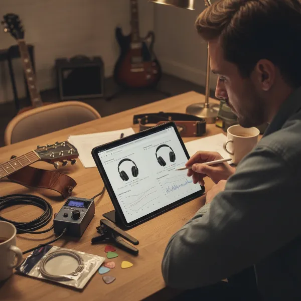 A thoughtful guitarist researching headphone specifications and reviews on a tablet.