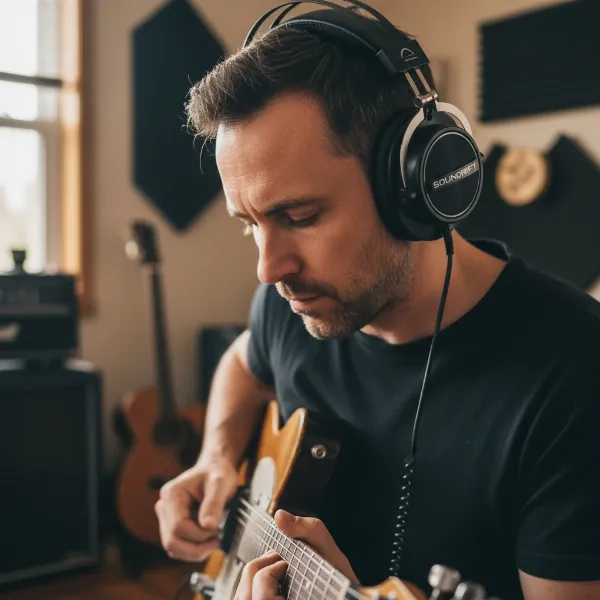 A guitarist wearing comfortable, durable over-ear headphones while practicing with an electric guitar.
