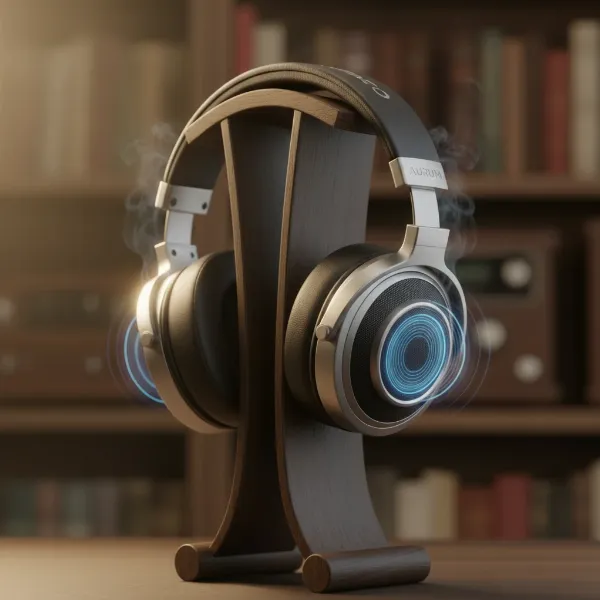 A pair of headphones playing music unattended, with a subtle glow around the earcups, illustrating the concept of headphone burn-in with a touch of mystery.