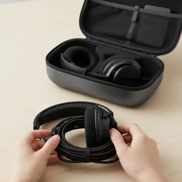 A person neatly coiling a wired headphone cable and placing it in a protective case, illustrating proper care