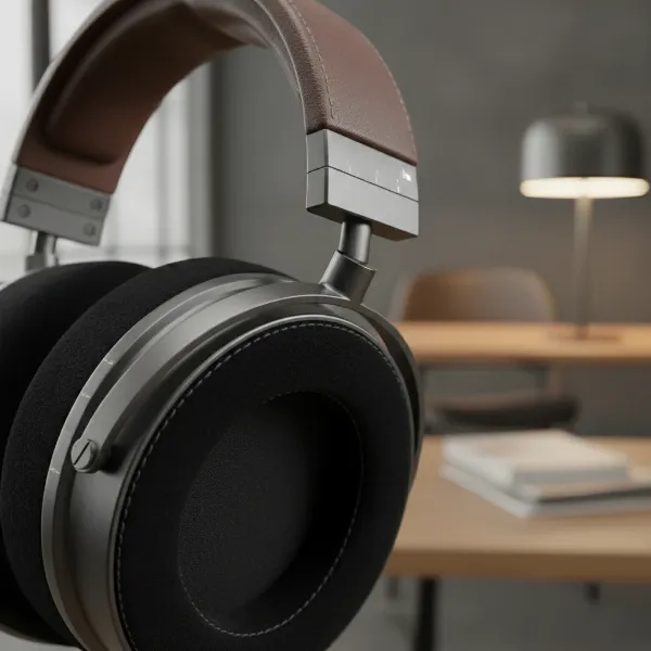 Close-up of a premium headphone earcup and headband, emphasizing comfort and durable materials
