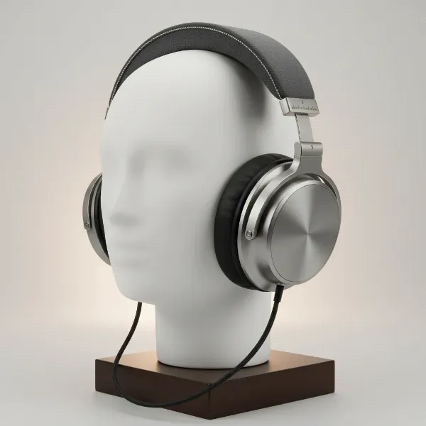 A close-up of a pair of over-ear headphone ear pads and headband conforming to a generic head model, emphasizing comfort and fit.