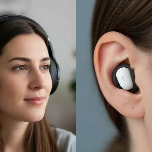 two images showing correct fit for over-ear and in-ear headphones