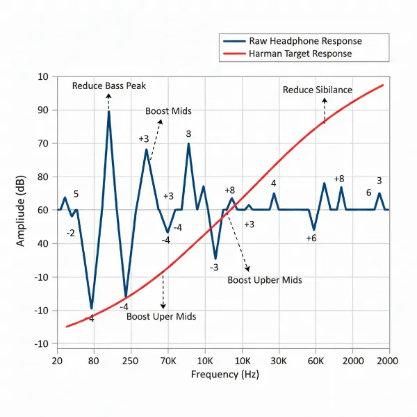 Graph comparing headphone frequency response curve to the Harman Target Response for accurate sound.