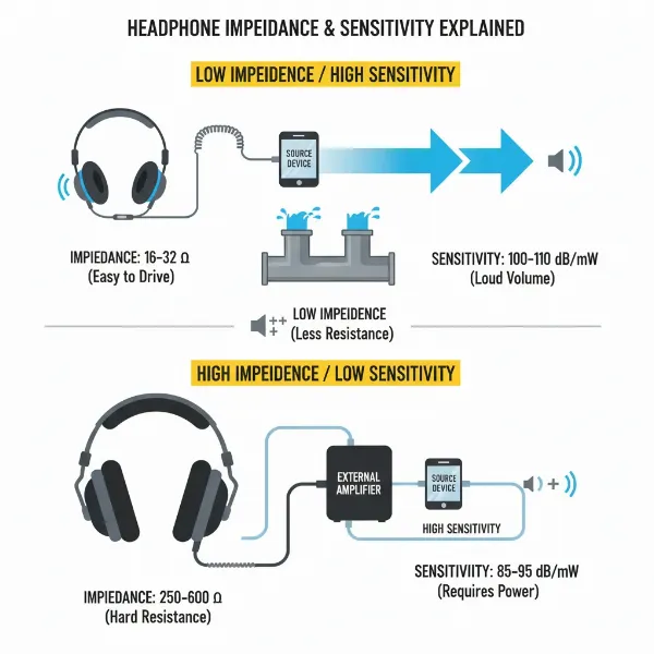 Visual representation of headphone impedance and sensitivity requiring proper amplifier matching.