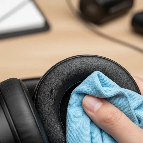 Close-up of a hand gently cleaning a headphone pad with a damp cloth, highlighting proper technique
