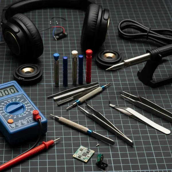 A collection of small tools for headphone repair, symbolizing professional help or DIY limits