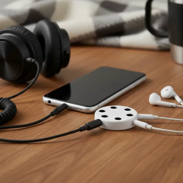 A multi-port headphone splitter connected to a smartphone, with two pairs of wired headphones plugged in, illustrating audio sharing for two listeners.