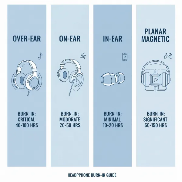An infographic comparing different headphone types (over-ear, in-ear, planar magnetic) with icons representing their burn-in recommendations.