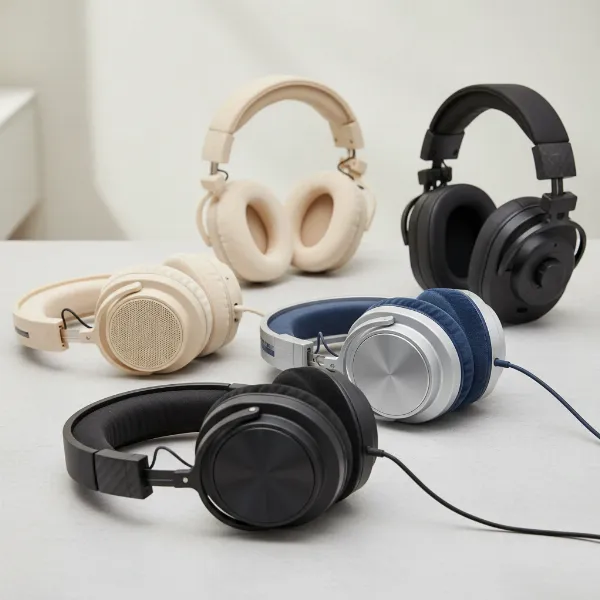 A diverse selection of over-ear headphones arranged for comparison, highlighting their different headband designs and earcup sizes, suitable for large heads.