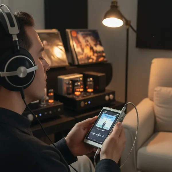 A person intently listening to music through high-quality headphones, a digital audio player displaying high-resolution audio file information, emphasizing clarity and detail in sound.