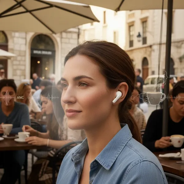 Jabra Elite 10 earbuds with active noise cancellation, creating a quiet environment amidst city noise.