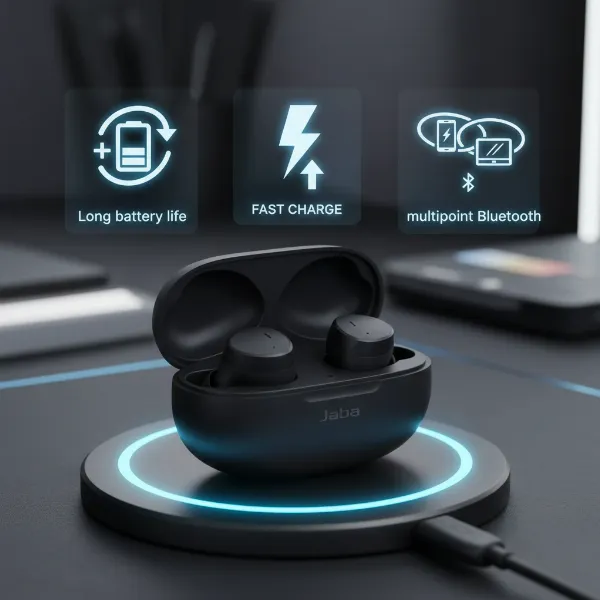 Jabra Elite 10 charging case alongside earbuds, highlighting long battery life and multipoint connectivity.