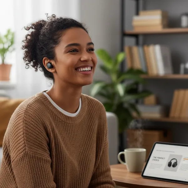 Person happily wearing Jabra Elite 10 earbuds, representing a satisfied user making the right purchasing decision.