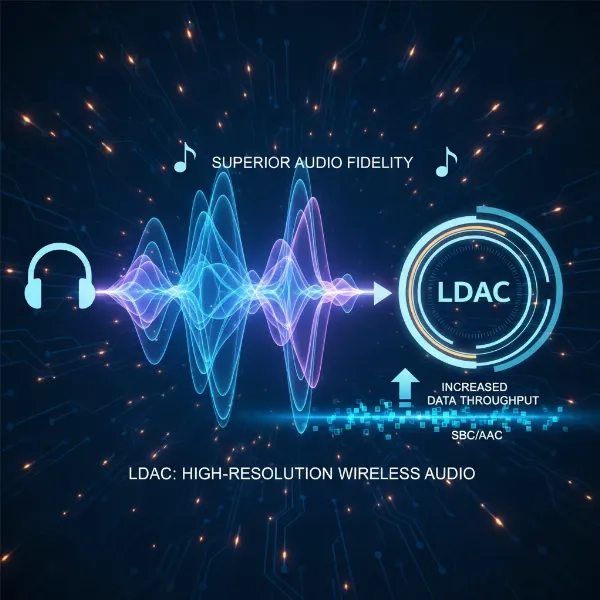 Illustration of LDAC codec transmitting high-resolution audio wirelessly, showing data flow and quality enhancement for audiophiles